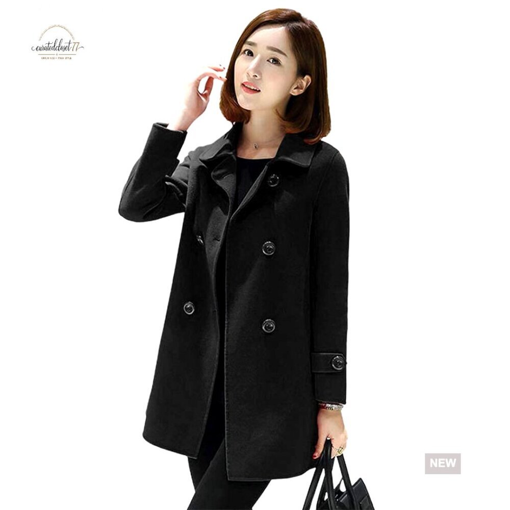 Wool Blend Pea Coat Double Breasted Trench Coat Long Sleeve Women's Winter